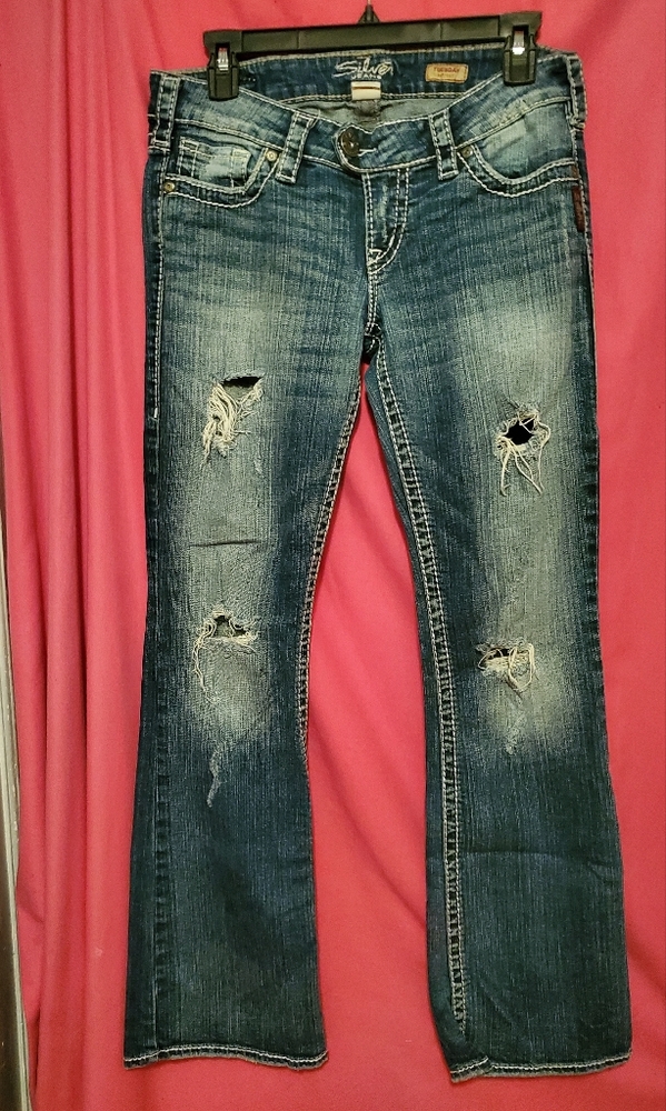 Seven7 Women's Distressed Boot Cut Jeans - Blue